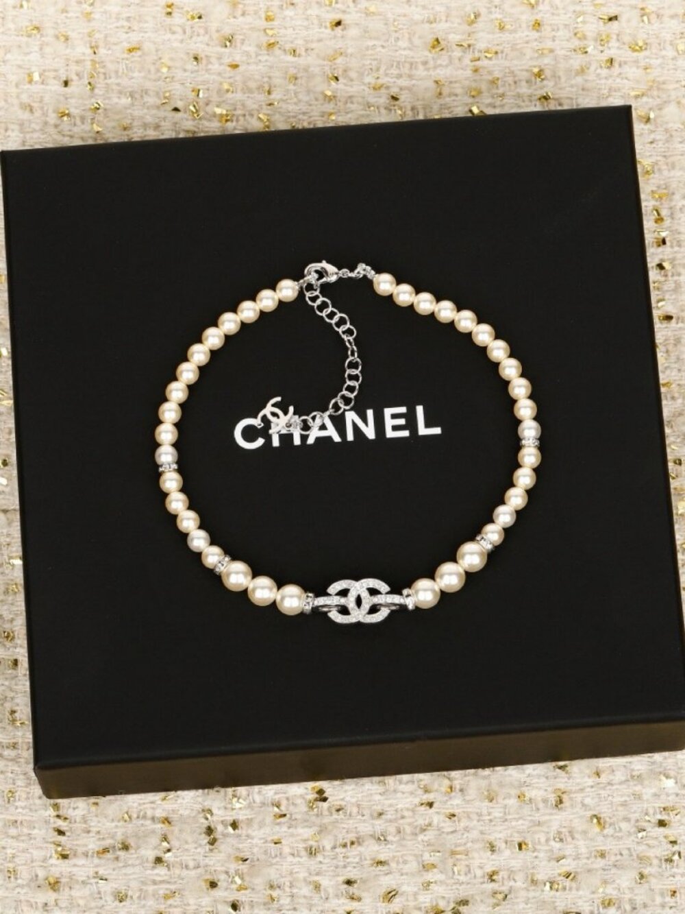 Chanel Silver-Tone Pearl CC Choker Necklace